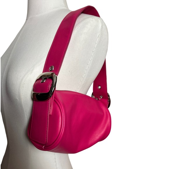 Handbags - Y2K Hot Pink Barrel Mini Shoulder Bag with Oversized Silver Buckle Detail